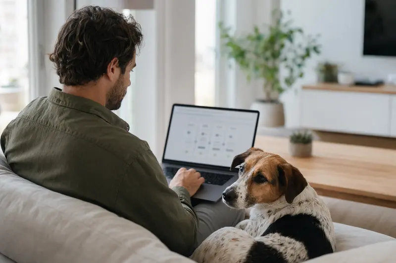 Ein Hundebesitzer arbeitet mit seinem Laptop auf dem Sofa, während ein Foxhound neben ihm sitzt.