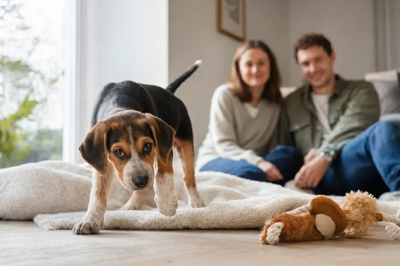 Ein neugieriger Foxhound Welpe erkundet sein neues Zuhause mit einer weichen Decke und Spielzeug, während eine liebevolle Familie im Hintergrund zu sehen ist.