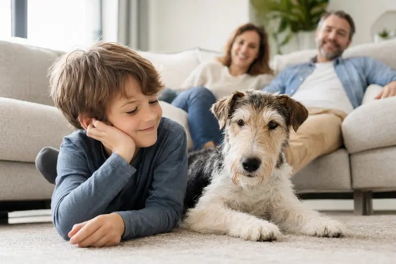 Ein freundlicher Foxterrier Drahthaar liegt entspannt neben einem Kind im Wohnzimmer, während die Eltern im Hintergrund eine sichere Familienatmosphäre schaffen.