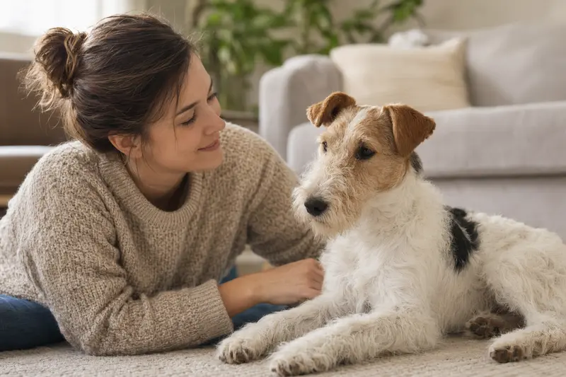 Ein aufmerksam stehender Foxterrier (Drahthaar) vor hellem Hintergrund als professionelles Hundeportrait.