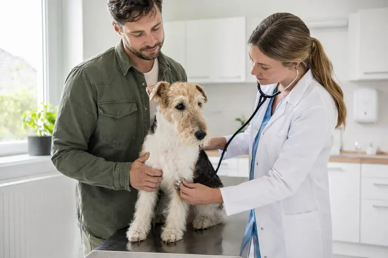 Eine Tierärztin untersucht einen ruhigen Foxterrier an einem Untersuchungstisch in einer modernen Tierarztpraxis, während der Besitzer beruhigend danebensteht.