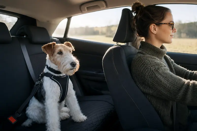 Ein Foxterrier (Drahthaar) sitzt sicher angeschnallt auf der Rückbank eines Autos und steht für verantwortungsvolle Hundehaltung.