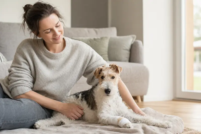Foxterrier mit leicht verbundenem Pfotenverband liegt ruhig auf einer Decke, während sein Besitzer erleichtert neben ihm sitzt.