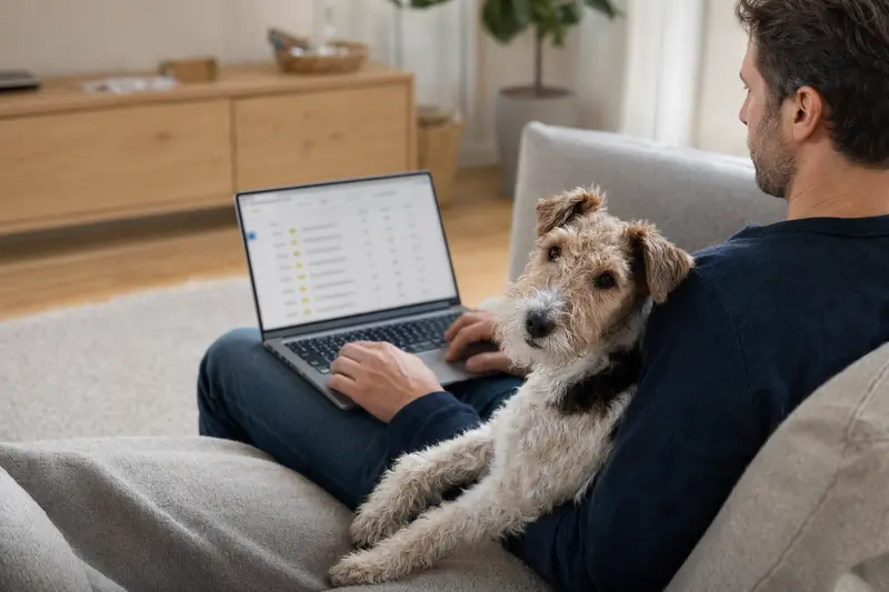 Ein Besitzer arbeitet am Laptop auf dem Sofa, während ein Drahthaar-Foxterrier neben ihm sitzt. Der Bildschirm zeigt eine neutrale Versicherungsvergleichsseite.