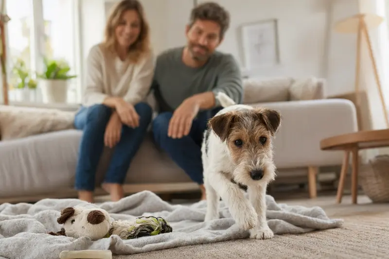 Junger Foxterrier-Welpe erkundet neugierig sein neues Zuhause auf einer weichen Decke mit Spielzeug, während seine Familie im Hintergrund zu sehen ist.