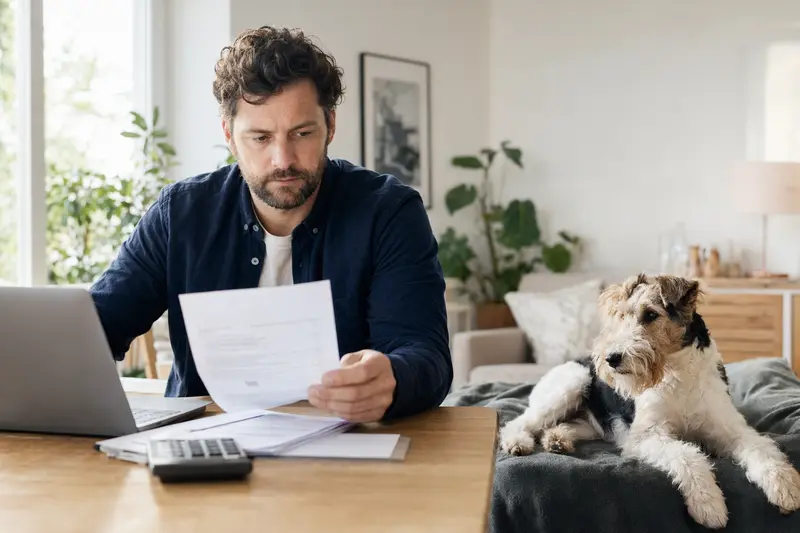 Ein Hundebesitzer sitzt mit einer Tierarztrechnung am Tisch, während ein entspannter Foxterrier auf einer Decke liegt und die Situation ruhig wirkt.