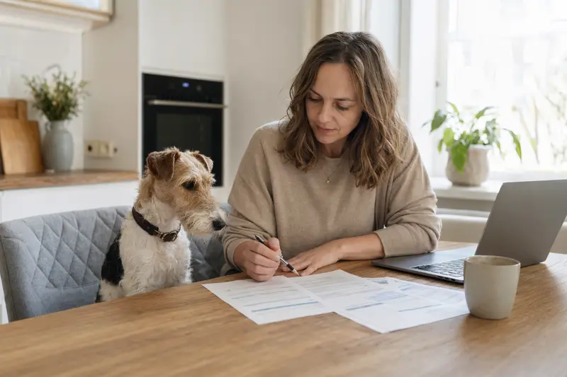 Foxterrier sitzt ruhig neben seinem Besitzer am Küchentisch, auf dem Versicherungsunterlagen und ein Laptop liegen.