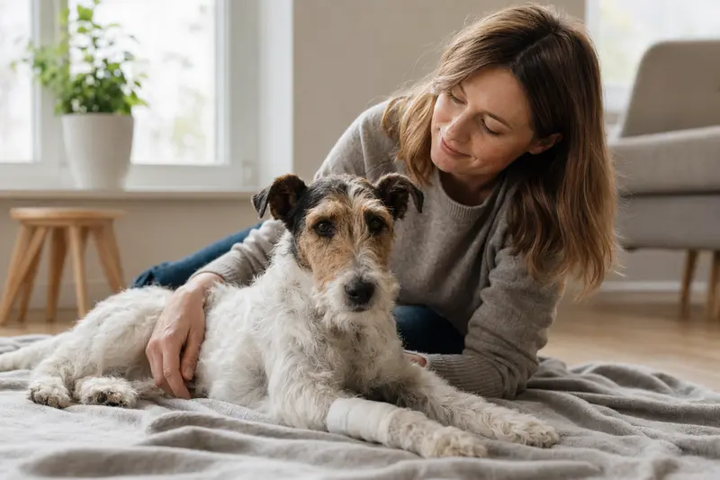 Ein Foxterrier mit einem leichten Verband an der Pfote entspannt sich auf einer Decke neben seinem erleichterten Besitzer in einer hellen Wohnung.
