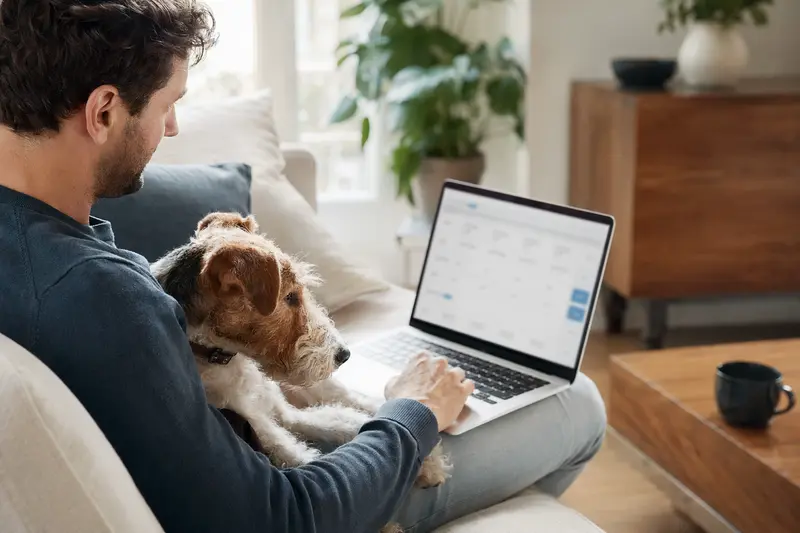 Besitzer mit einem Foxterrier Hund sitzt auf dem Sofa und vergleicht Versicherungen am Laptop.