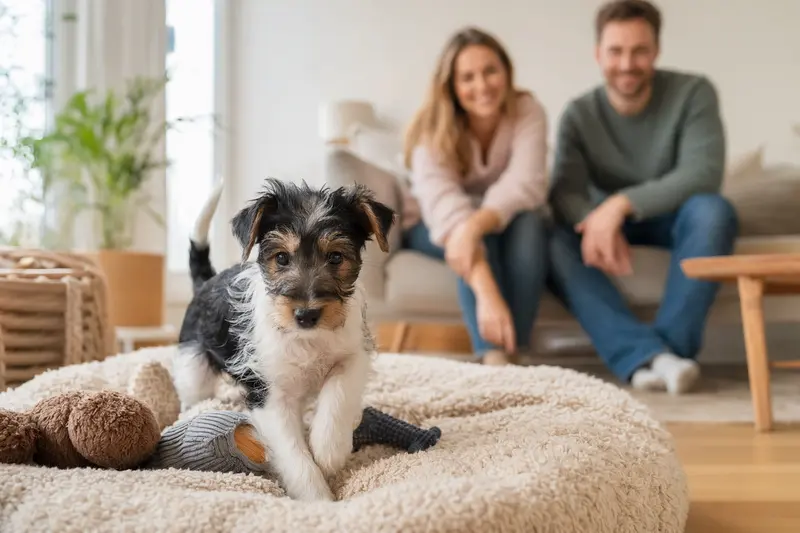 Ein neugieriger Foxterrier Welpe erkundet sein neues Zuhause mit weicher Decke und Spielzeug.