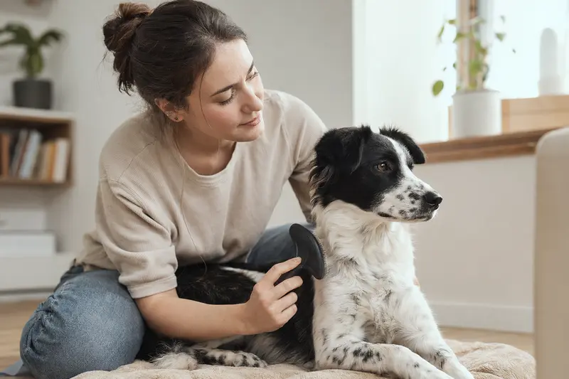 Ein Francais blanc et noir Hund wird in einer hellen Wohnung liebevoll gebürstet und gepflegt.