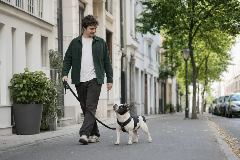 Ein Francais blanc et noir läuft an der Leine mit seinem Besitzer durch eine moderne Stadtstraße im Alltag.