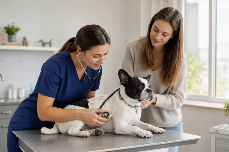 Ein Francais blanc et noir Hund wird von einer Tierärztin auf einem Untersuchungstisch in einer modernen Praxis behutsam mit einem Stethoskop untersucht.