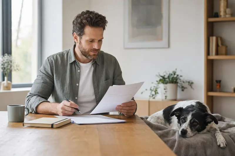 Ein Hundehalter sitzt mit einer Tierarztrechnung am Tisch, während ein entspannter Francais blanc et noir Hund ruhig auf einer Decke liegt, passend zum Thema Hundekrankenversicherung.