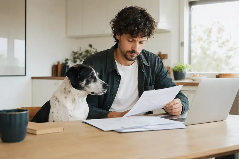 Ein Francais blanc et noir Hund sitzt entspannt neben seinem Besitzer am Küchentisch, auf dem Versicherungsunterlagen und ein Laptop liegen.