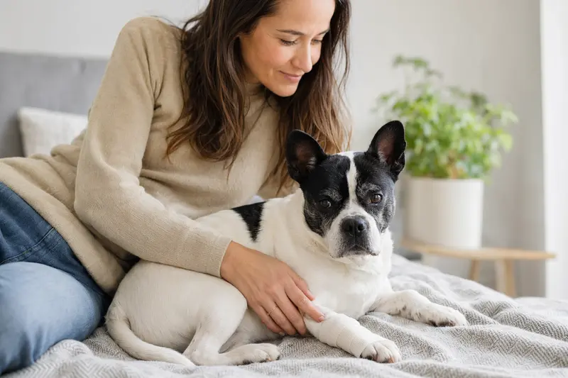 Ein ruhiger Francais blanc et noir Hund mit einem leichten Verband an der Pfote liegt neben seinem besorgten, erleichterten Besitzer in einer hellen Wohnung.
