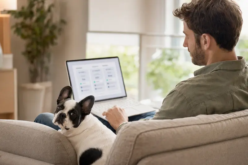Hund Besitzer mit Laptop auf dem Sofa, Bildschirm zeigt unscharf eine neutrale Versicherungsvergleichsseite.