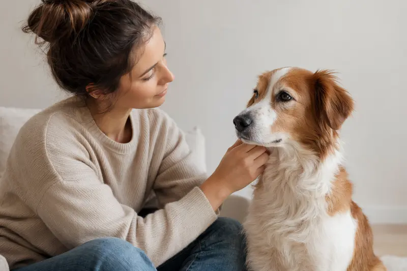 Français blanc et orange Hund steht aufmerksam in natürlicher Haltung vor hellem Hintergrund.