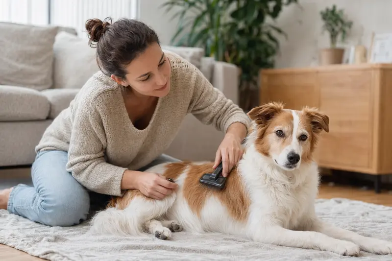 Ein Francais blanc et orange Hund wird in einer hellen Wohnung liebevoll gebürstet, während der Besitzer sanft die Fellpflege übernimmt.