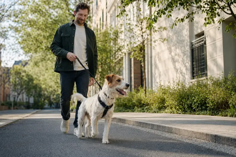 Ein Francais blanc et orange Hund läuft an der Leine mit seinem Besitzer durch eine moderne Stadtstraße.