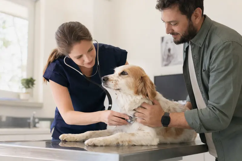 Eine Tierärztin untersucht einen ruhigen Hund mit dem Stethoskop, während der Besitzer in einer modernen Tierarztpraxis beruhigend danebensteht.