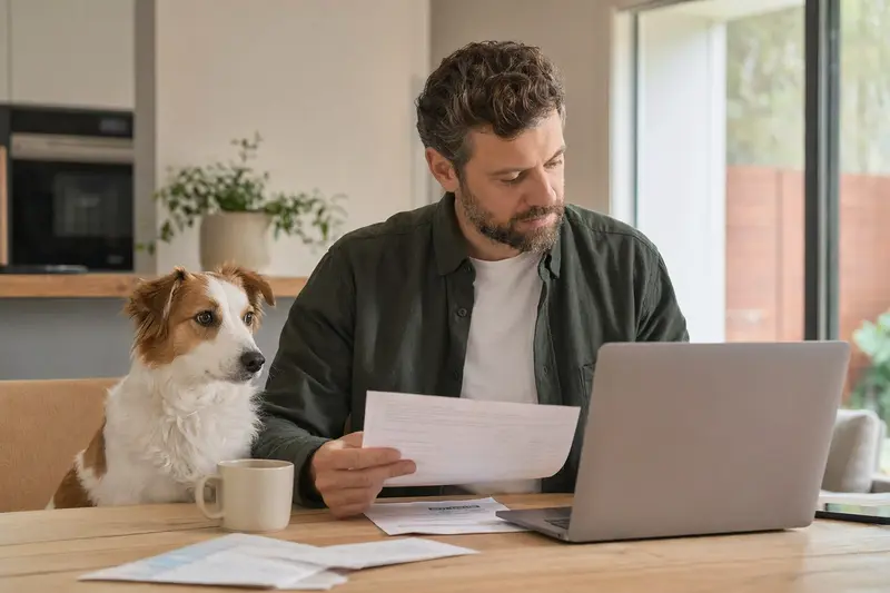 Ein Francais blanc et orange Hund sitzt ruhig neben seinem Besitzer am Küchentisch mit Versicherungsunterlagen und Laptop zur Hundeversicherung.