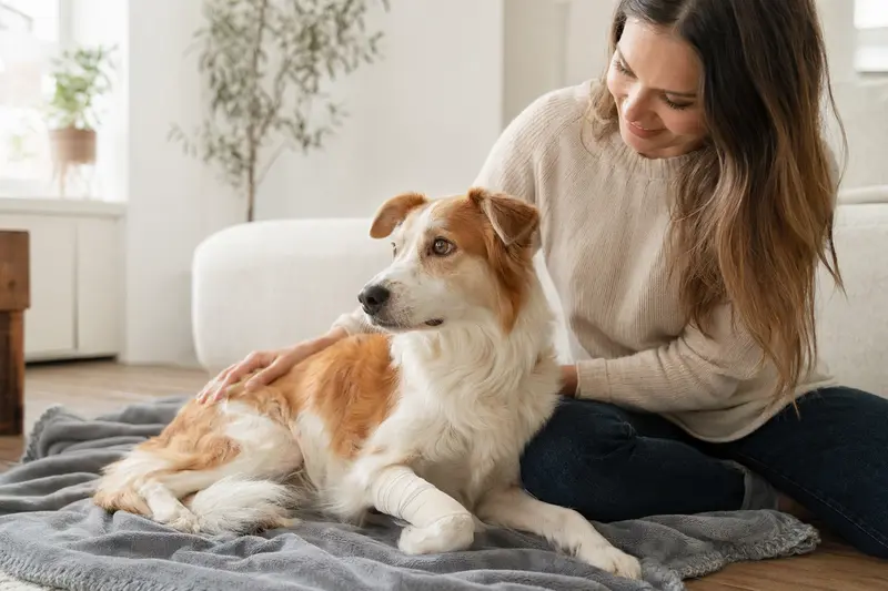 Ein Francais blanc et orange Hund mit leicht verbundenem Pfötchen liegt ruhig auf einer Decke, während sein Besitzer neben ihm erleichtert sitzt.