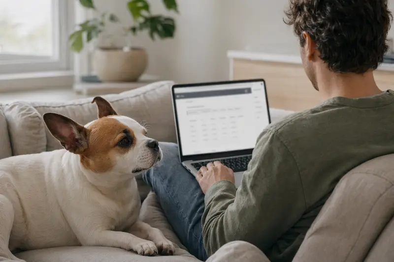 Ein Hundebesitzer sitzt mit seinem Francais blanc et orange Hund auf dem Sofa und vergleicht Versicherungen auf einem Laptop.