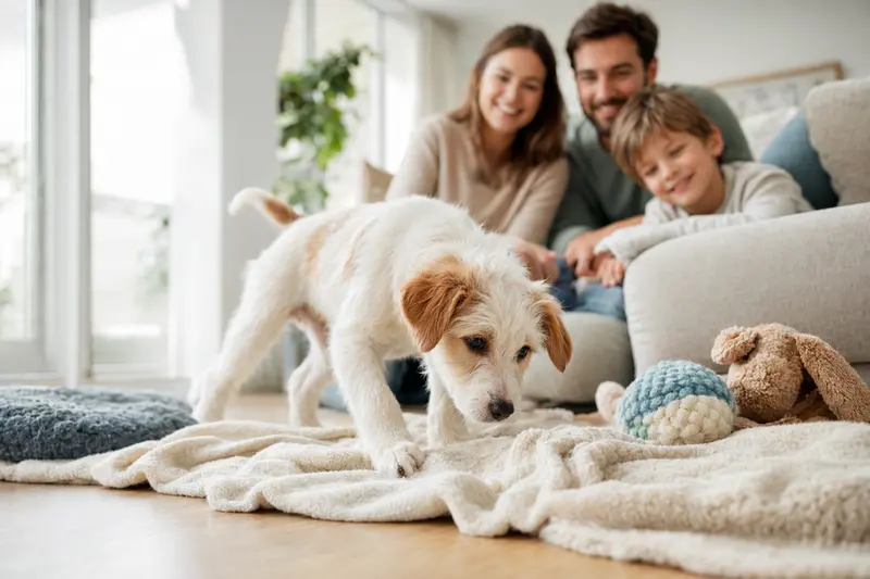 Neugieriger Francais blanc et orange Welpe erkundet sein neues Zuhause auf einer weichen Decke neben Spielzeug in einer hellen Wohnung.