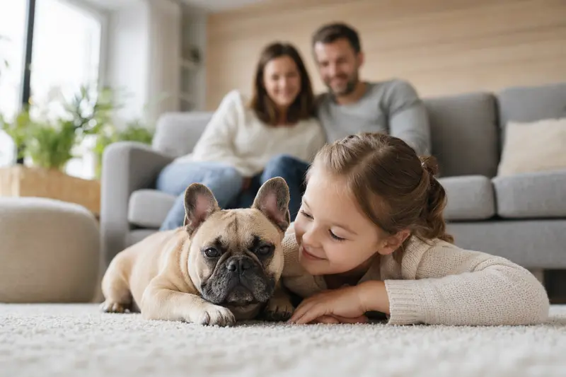 Eine freundliche Französische Bulldogge liegt entspannt neben einem Kind im Wohnzimmer.