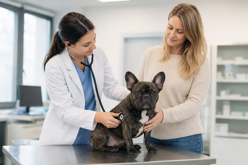Eine Französische Bulldogge auf einem Untersuchungstisch, während eine Tierärztin ihn mit einem Stethoskop freundlich untersucht.