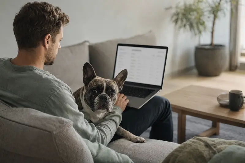 Der Besitzer arbeitet am Laptop auf dem Sofa, während eine Französische Bulldogge an seiner Seite sitzt.