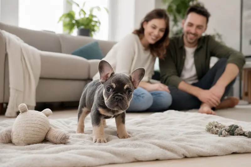 Ein neugieriger Französischer Bulldogge Welpe erkundet sein neues Zuhause mit einer weichen Decke und Spielzeug.
