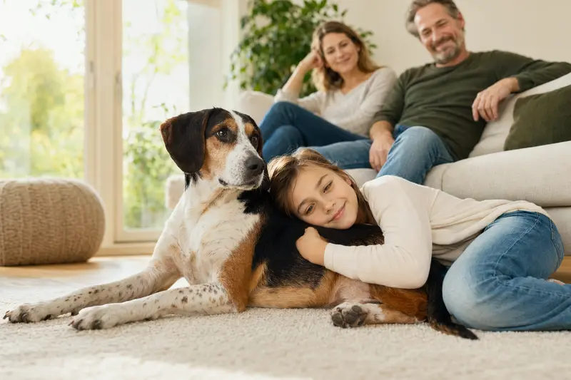 Ein entspannter Französischer Dreifarbiger Laufhund liegt neben einem Kind in einem hellen Wohnzimmer.