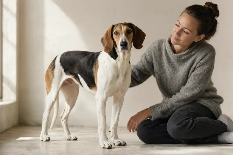 Französischer Dreifarbiger Laufhund in natürlicher Haltung vor hellem Hintergrund, als realistisches Tierporträt mit feiner Fellstruktur.
