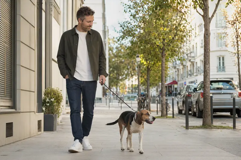 Ein Französischer Dreifarbiger Laufhund läuft an der Leine mit seinem Besitzer durch eine moderne, saubere Stadtstraße.