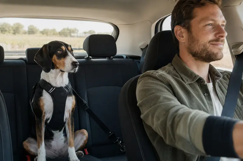 Ein Französischer Dreifarbiger Laufhund sitzt sicher angeschnallt auf der Rückbank eines Autos, während das Sonnenlicht durch das Fenster strahlt und ein Gefühl von Verantwortung und Fürsorge vermittelt.