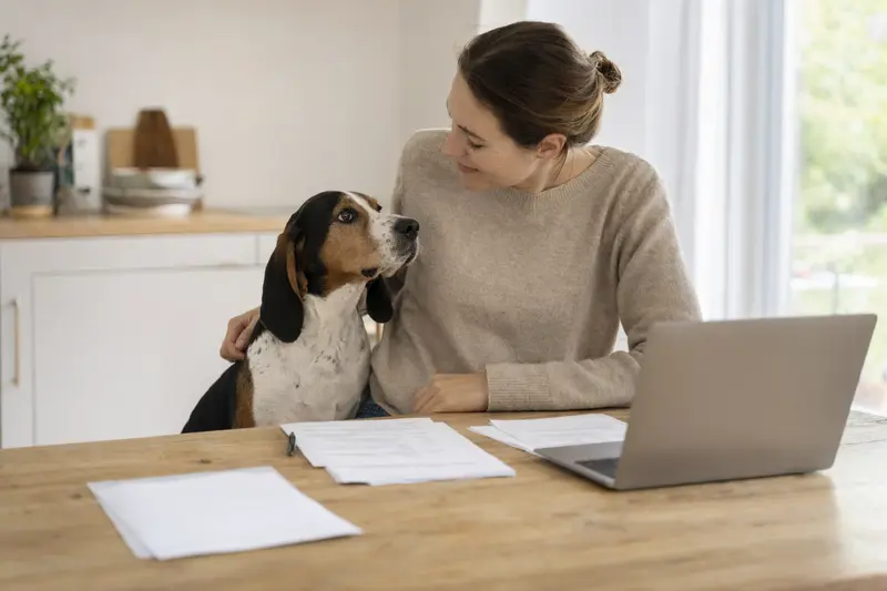 Ein Französischer Dreifarbiger Laufhund sitzt friedlich neben seinem Besitzer am Küchentisch mit Versicherungsunterlagen.
