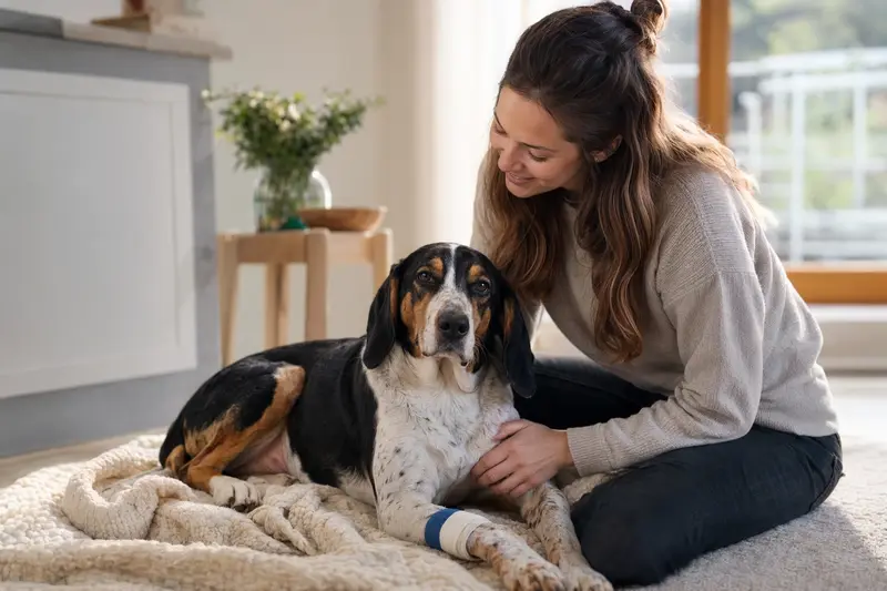 Ein Französischer Dreifarbiger Laufhund mit leichtem Verband an der Pfote liegt relaxed auf einer Decke, während sein Besitzer erleichtert neben ihm sitzt.