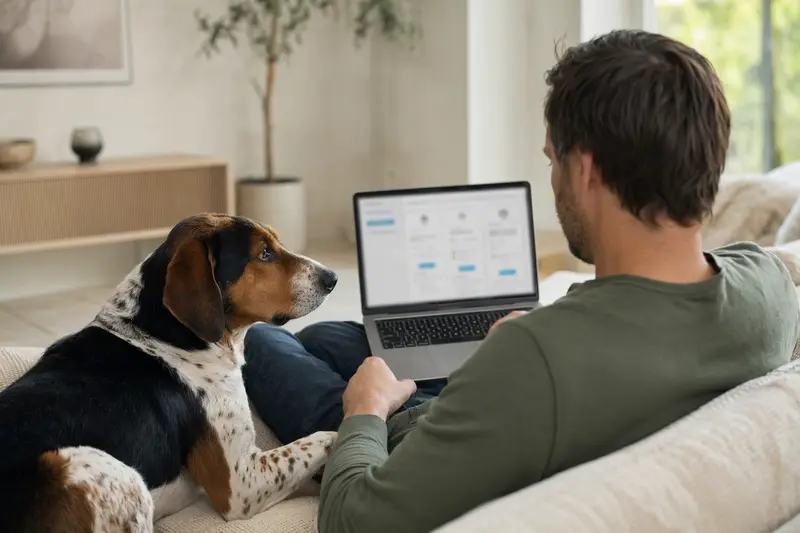 Ein Hundebesitzer sitzt mit Laptop auf dem Sofa, während sein Französischer Dreifarbig Laufhund an seiner Seite schläft.