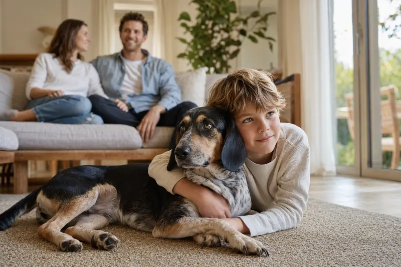 Ein entspannter Französischer Laufhund liegt neben einem Kind im Wohnzimmer und schafft eine vertrauensvolle Familienatmosphäre.