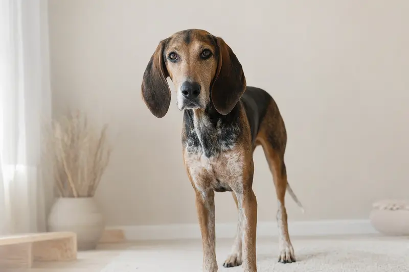 Ein Französischer Laufhund steht aufmerksam in natürlicher Haltung vor hellem Hintergrund und zeigt seine typische Fellstruktur.