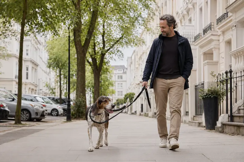 Ein Französischer Laufhund läuft an der Leine mit seinem Besitzer durch eine freundliche moderne Stadtstraße.