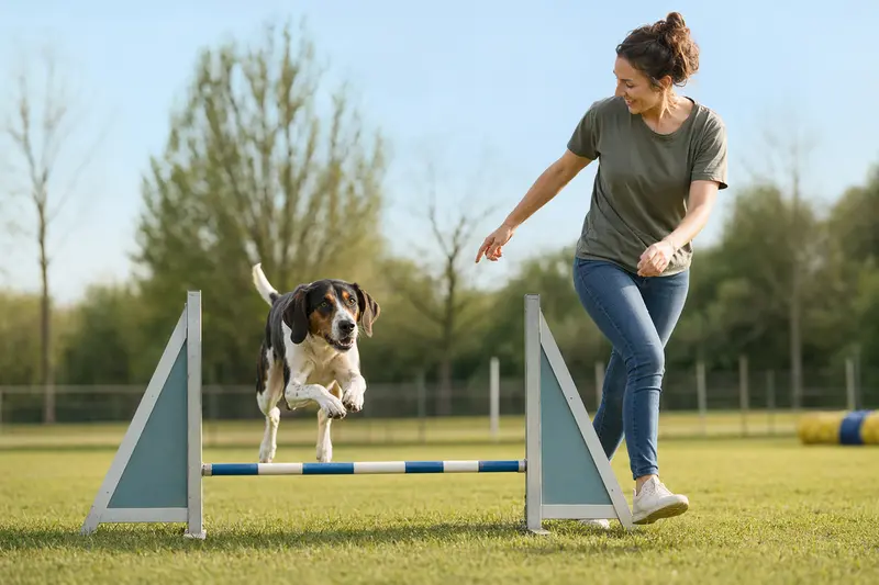 Ein Französischer Laufhund springt mit seinem Besitzer über eine kleine Trainingshürde auf dem Hundeplatz.