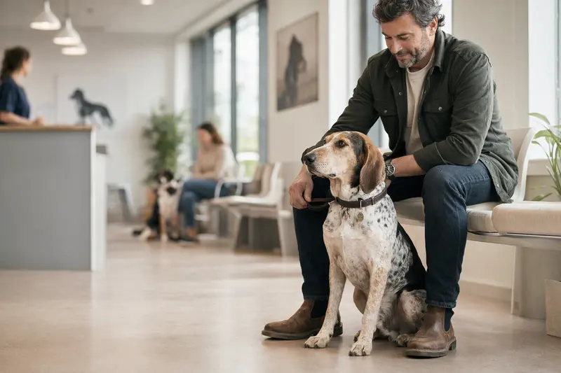 Ein Französischer Laufhund sitzt ruhig neben seinem Besitzer im hellen Wartezimmer einer modernen Tierarztpraxis.