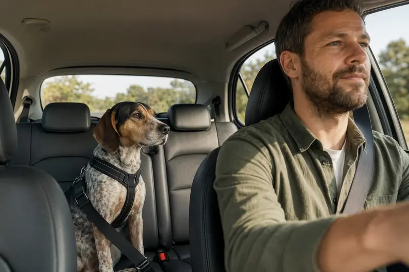 Ein Französischer Laufhund sicher im Auto angeschnallt, während der Besitzer fährt.