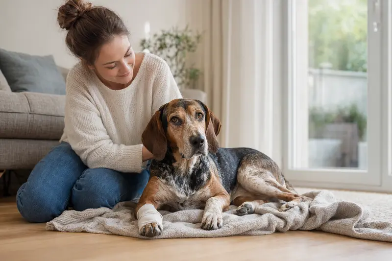 Ein Französischer Laufhund mit leichtem Verband liegt beruhigt neben seinem Besitzer auf einer Decke in einer hellen Wohnung.