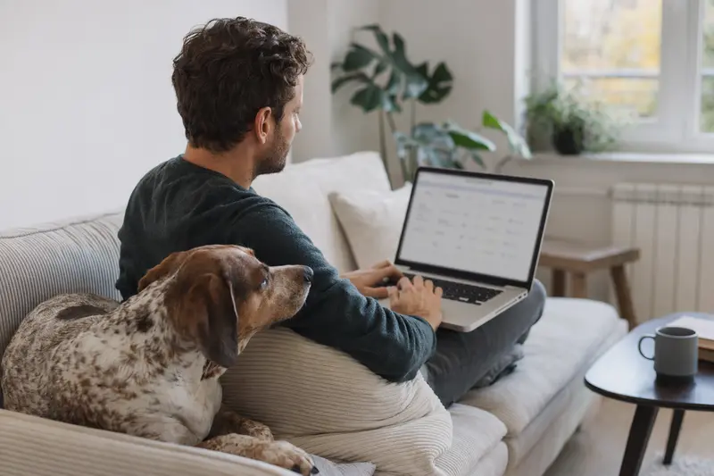 Ein Hundebesitzer arbeitet mit seinem Laptop auf dem Sofa, während ein Französischer Laufhund daneben sitzt, symbolisiert die einfache Entscheidung für eine Tierkrankenversicherung.