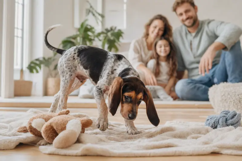 Ein junger Französischer Laufhund Welpe erkundet neugierig sein neues Zuhause mit einer weichen Decke und Spielzeug im Hintergrund.