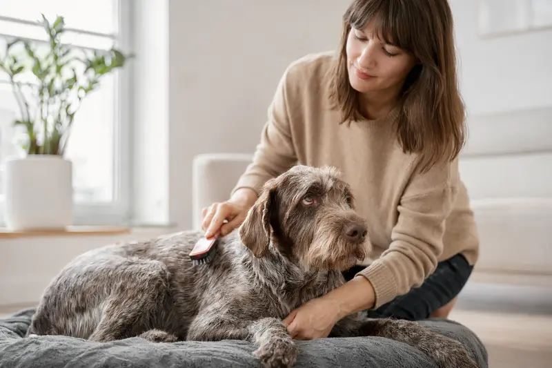 Ein Französischer Rauhaariger Vorstehhund wird in einer hellen Wohnung liebevoll gebürstet, was die sanfte Fellpflege und verantwortungsvolle Hundegesundheit zeigt.